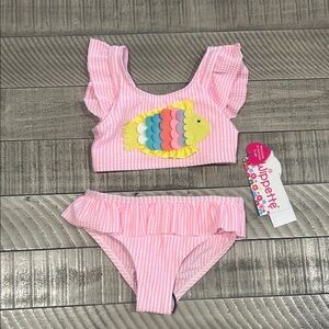 Wippette Pink Striped Girls Bikini with Colorful Fish Applique